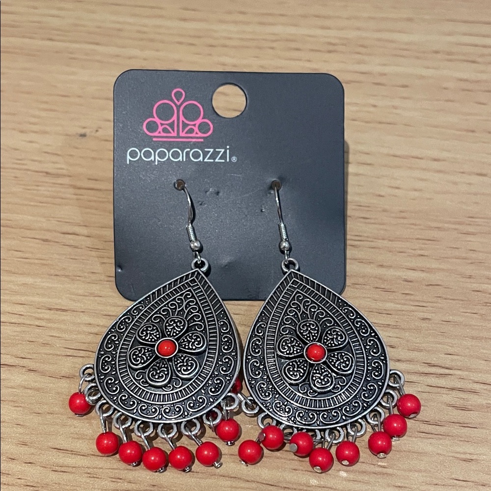 Paparazzi Silver Teardrop Earrings with Red Beads